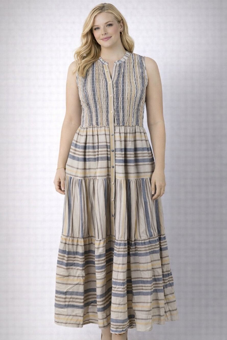 Laurel Grey Plus XXL Sleeveless Striped Summer Tier Maxi Dress Lined Cottagecore